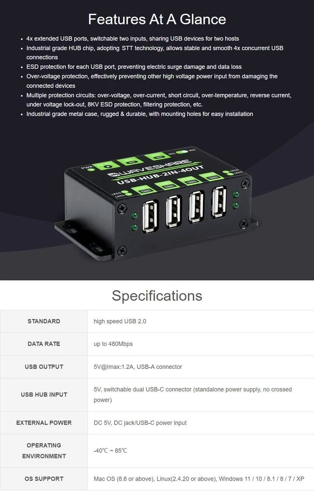 Alt view image 4 of 7 - Waveshare Industrial Grade USB HUB Extending 4X USB 2.0 Ports Switchable Dual Hosts Sharing USB Devices for Two Hosts Without Power Supply