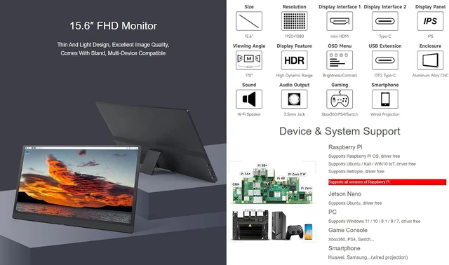 Alt view image 3 of 7 - waveshare 15.6inch Monitor Compatible with Raspberry Pi4B/3B+/3A+/2B/B+/A+/Zero/Zero W/WH/Zero 2W CM3+/4 IPS Screen 1920 × 1080 Full HD 100% SRGB High Color Gamut Supports Windows and Jetson Nano
