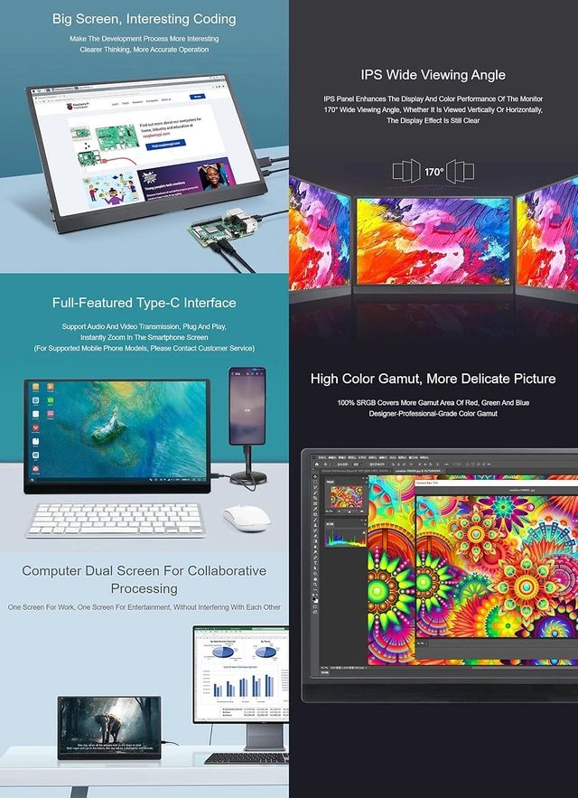 Alt view image 5 of 7 - waveshare 15.6inch Monitor Compatible with Raspberry Pi4B/3B+/3A+/2B/B+/A+/Zero/Zero W/WH/Zero 2W CM3+/4 IPS Screen 1920 × 1080 Full HD 100% SRGB High Color Gamut Supports Windows and Jetson Nano