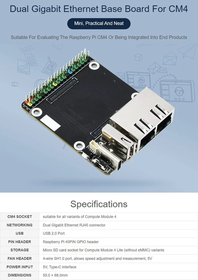 Alt view image 2 of 6 - Waveshare Mini Dual Giga-bit Ethernet Base Board Compatible with Raspberry Pi Compute Module 4 Suitable for All Variants of Compute Module 4, Only Including CM4-DUAL-ETH-MINI Baseboard