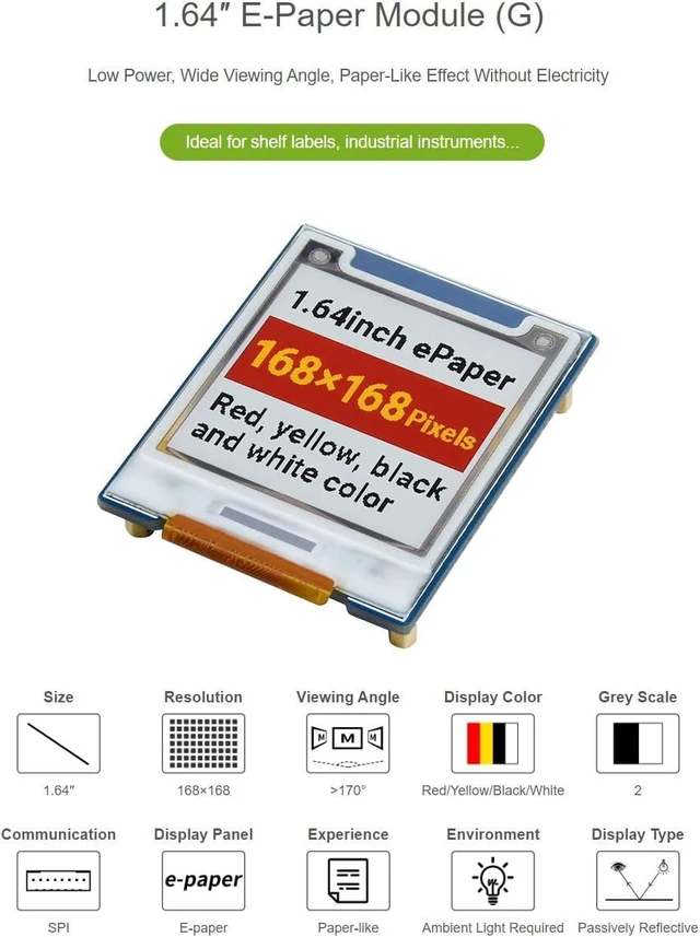 Alt view image 3 of 7 - waveshare 1.64inch Square E-Paper Module Compatible with Raspberry Pi 4B/3B+/3B/2B/B+/A+/Zero/Zero W/WH/Zero 2W 168 × 168 Resolution Red/Yellow/Black/White Supports Jetson Nano
