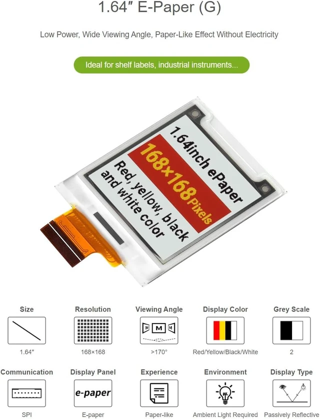 Alt view image 4 of 6 - Waveshare 1.64inch Square E-Paper Raw Display 168 × 168 Red/Yellow/Black/White Does Not Support Partial Refresh Without Driver Board
