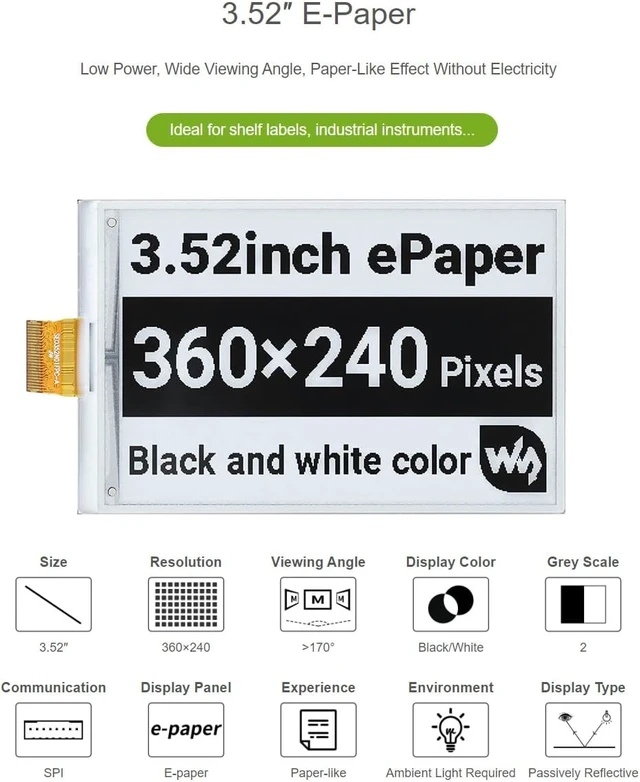 Alt view image 3 of 6 - Waveshare 3.52inch E-Paper Raw Display 360 × 240 Resolution SPI Interface Black/White Dual Colors Does Not Support Partial Refresh Without Driver Board