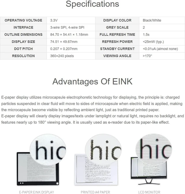 Alt view image 4 of 6 - Waveshare 3.52inch E-Paper Raw Display 360 × 240 Resolution SPI Interface Black/White Dual Colors Does Not Support Partial Refresh Without Driver Board