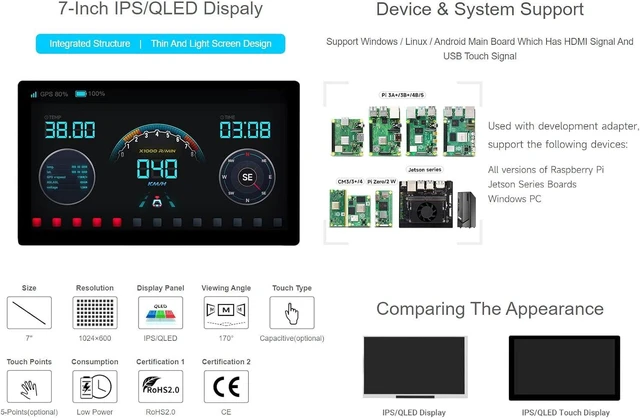 Alt view image 4 of 7 - waveshare 7inch IPS Integrated Display Compatible with Raspberry Pi 5/4B/3B+/3B/2B/B+/A+/Zero/Zero W/WH/Zero 2W Supports Jetson Nano and Windows PC 1024 × 600 Resolution No Touch Without Accessories