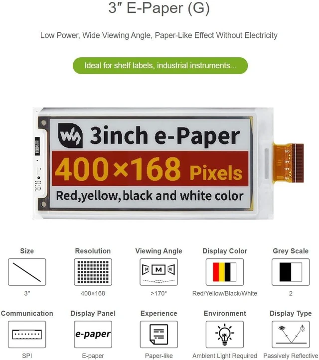 Alt view image 2 of 6 - Waveshare 3inch E-Paper (G) Raw Display Compatible with Raspberry Pi 4B/3B+/3B/2B/B+/A+/Zero/Zero W/WH/Zero 2W 400×168 Resolution SPI Interface Supports Jetson Nano