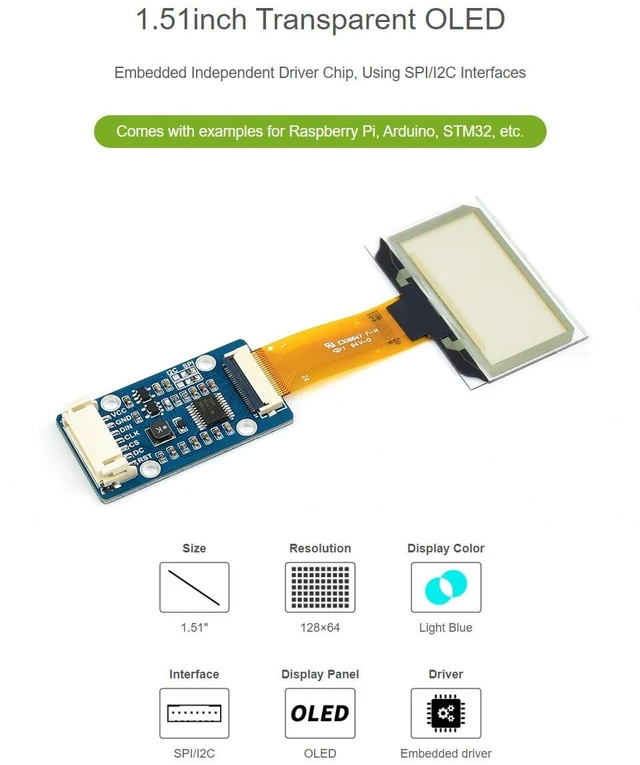 Alt view image 3 of 7 - Waveshare 1.51inch Transparent OLED 128×64 Resolution Compatible with Raspberry Pi 4B/3B+/3A+ Embedded Independent Driver Chip SPI/I2C Interfaces Light Blue Color Display