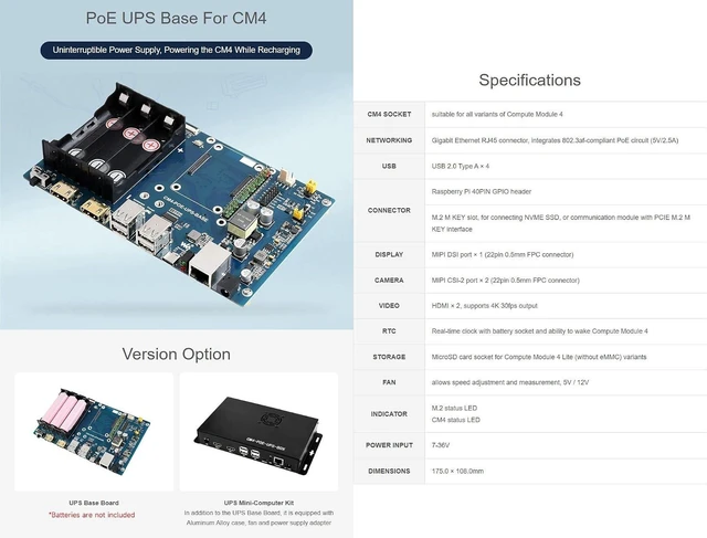 Alt view image 3 of 7 - Waveshare PoE UPS Uninterruptible Power Supply Base Board/Mini-Computer Designed for Raspberry Pi Compute Module 4 Giga-bit Ethernet Dual HDMI Quad USB2.0