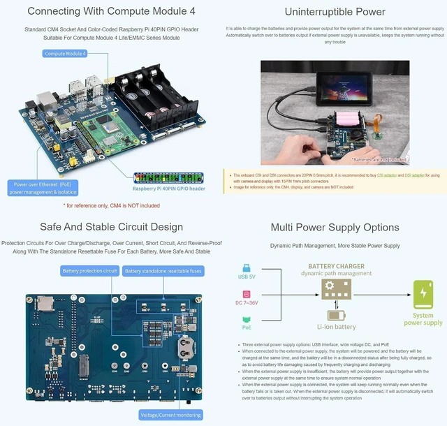 Alt view image 4 of 7 - Waveshare PoE UPS Uninterruptible Power Supply Base Board/Mini-Computer Designed for Raspberry Pi Compute Module 4 Giga-bit Ethernet Dual HDMI Quad USB2.0
