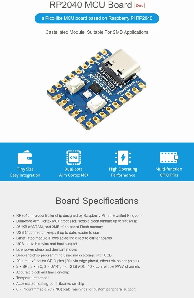 Alt view image 3 of 6 - Waveshare RP2040-Zero A Low-Cost High-Performance Pico-Like MCU Board Based On Raspberry Pi Microcontroller RP2040 Castellated Module Suitable for SMD Applications with Pre-soldered Header