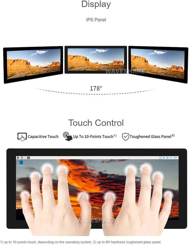 Alt view image 6 of 7 - Waveshare 12.3inch Capacitive Touch Screen LCD Compatible with Raspberry Pi 5/4B/3B+/3B/2B/B+/A+/Zero/Zero W/WH/Zero 2W Series Boards 600 Cd/M²1920×720 HDMI IPS Toughened Glass Panel
