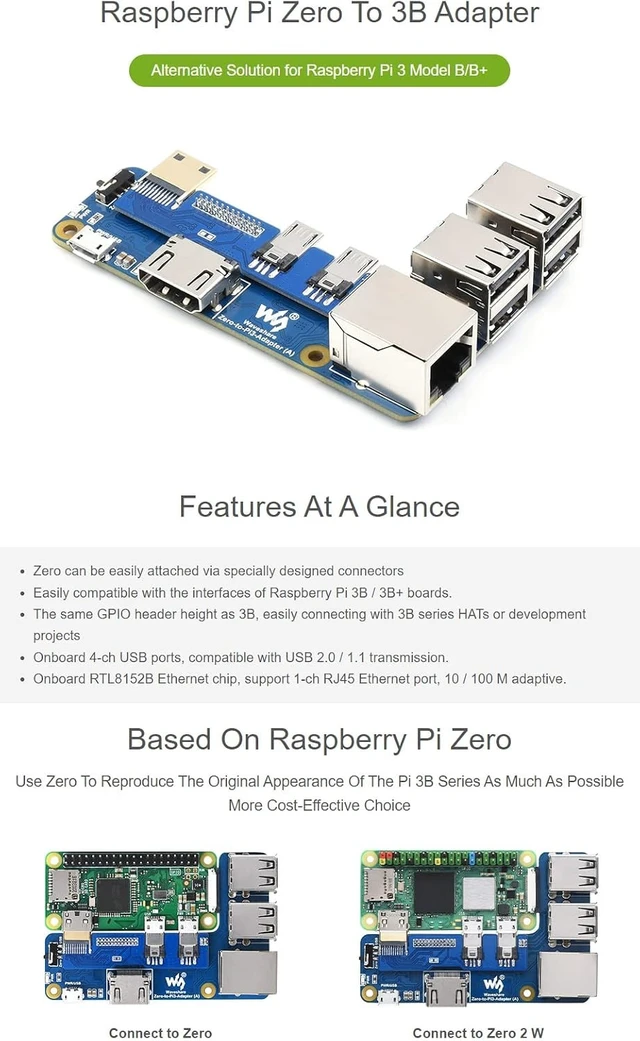 Alt view image 2 of 5 - Waveshare Zero to 3B Adapter Alternative Solution for Raspberry Pi 3 Model B/B+