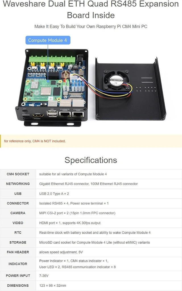 Alt view image 4 of 7 - Waveshare Dual ETH Mini-Computer for Raspberry Pi Compute Module 4 (NOT Included) Giga-bit Etherne 4CH Isolated RS485 with USB2.0