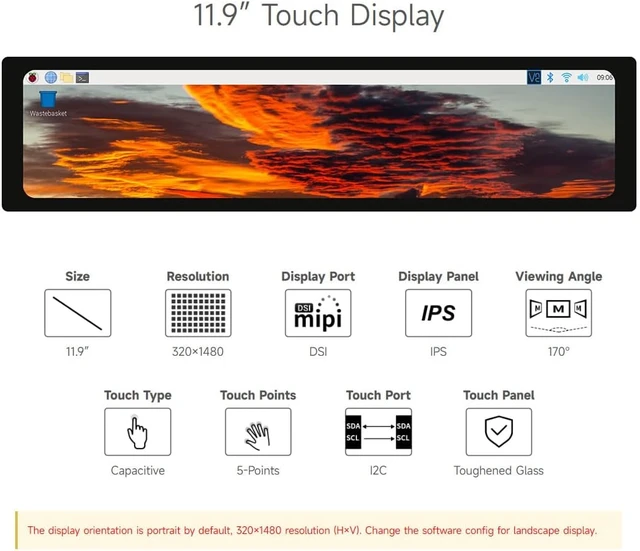 Alt view image 3 of 7 - waveshare 11.9inch Capacitive Touch Display Compatible with Raspberry Pi 5/4B/3B/Zero/Zero W/Zero 2W/Pico/Pico W/Pico WH, 320×1480 Resolution IPS DSI Interface