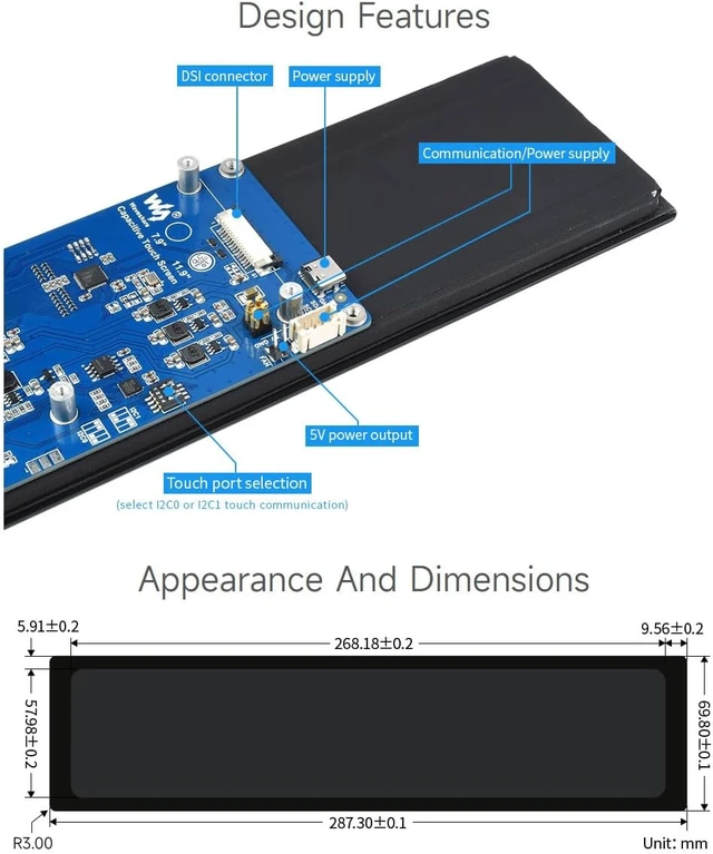 Alt view image 7 of 7 - waveshare 11.9inch Capacitive Touch Display Compatible with Raspberry Pi 5/4B/3B/Zero/Zero W/Zero 2W/Pico/Pico W/Pico WH, 320×1480 Resolution IPS DSI Interface