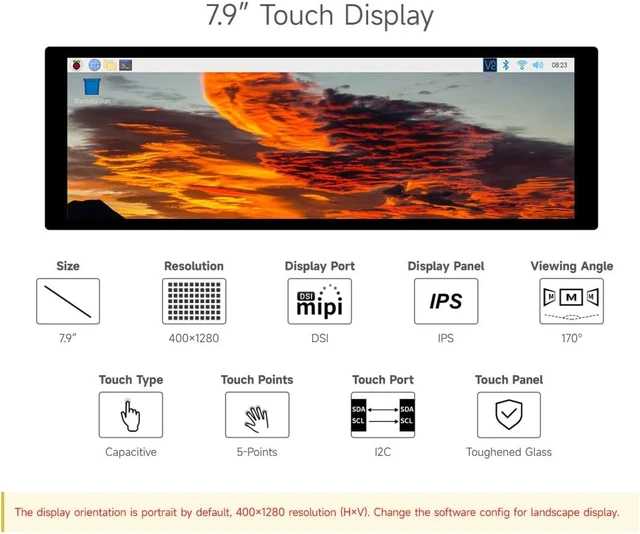 Alt view image 3 of 7 - waveshare 7.9inch Capacitive Touch Display Compatible with Raspberry Pi 5/4B/3B+/3A+/CM3/3+/4 400×1280 Resolution IPS DSI Interface