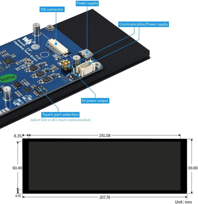 Alt view image 7 of 7 - waveshare 7.9inch Capacitive Touch Display Compatible with Raspberry Pi 5/4B/3B+/3A+/CM3/3+/4 400×1280 Resolution IPS DSI Interface