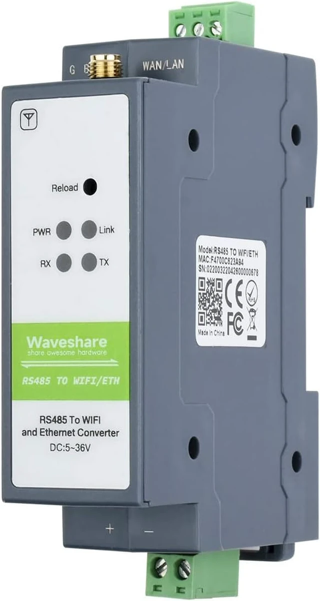 Main image of Waveshare RS485 to WiFi/Ethernet Module Rail-Mount Serial Server Modbus MQTT Gateway