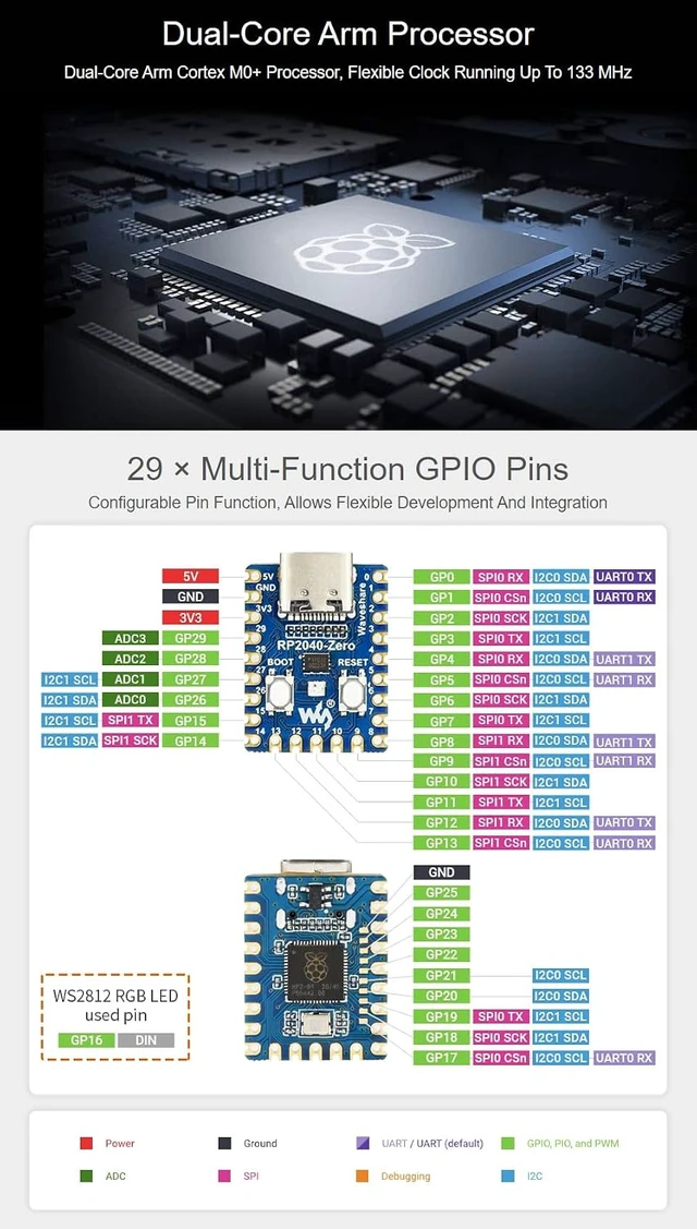 Alt view image 4 of 7 - Waveshare RP2040-Zero with Pre-soldered Header High-Performance Pico-Like MCU Board Based On Raspberry Pi Microcontroller RP2040 Castellated Module Allows Soldering Direct to Carrier Boards-2pcs