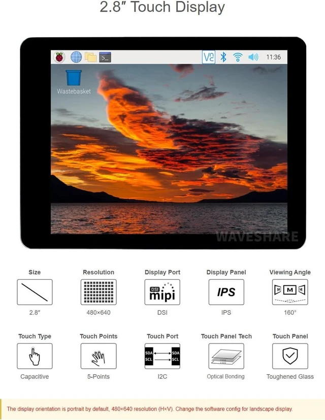 Alt view image 2 of 6 - waveshare 2.8inch Capacitive Touch Display Compatible with Raspberry Pi 5/4B/3B+/3A+/CM3+/4 480×640 Resolution DSI Interface IPS Optical Bonding Screen