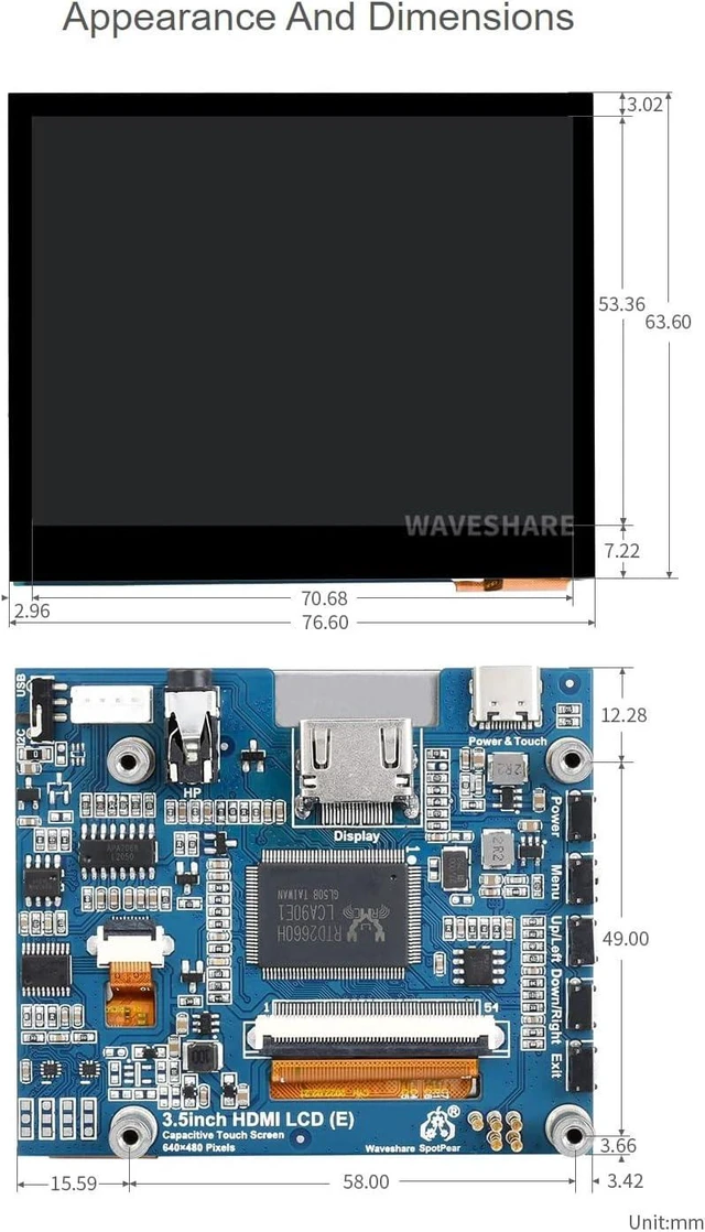 Alt view image 7 of 7 - waveshare 3.5inch HDMI LCD, Compatible with Raspberry Pi 5/4B/3B/Zero/Zero W/Zero 2W/Pico/Pico W/Pico WH, Capacitive Touch IPS LCD Display, 640×480, Audio Jack