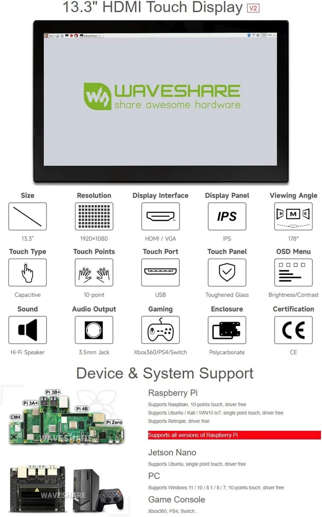 Alt view image 3 of 7 - waveshare 13.3inch Capacitive Touch Screen LCD V2 with Case Compatible with Raspberry Pi 4B/3B+/3A+/2B/B+/A+/Zero/Zero W/WH/Zero 2W CM3+/4 1920×1080 Resolution HDMI IPS Supports Jetson Nano/Windows
