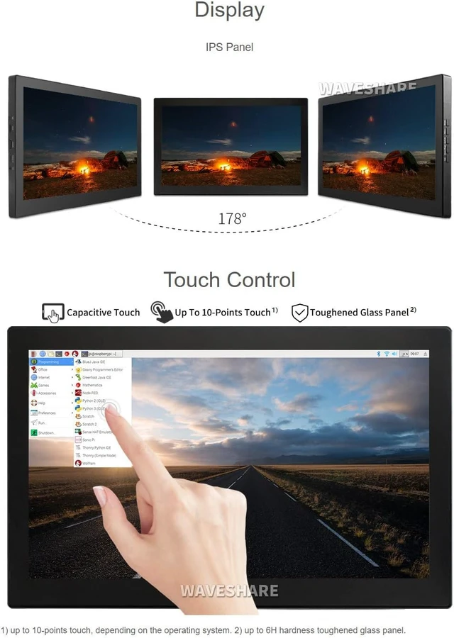Alt view image 5 of 7 - waveshare 13.3inch Capacitive Touch Screen LCD V2 with Case Compatible with Raspberry Pi 4B/3B+/3A+/2B/B+/A+/Zero/Zero W/WH/Zero 2W CM3+/4 1920×1080 Resolution HDMI IPS Supports Jetson Nano/Windows