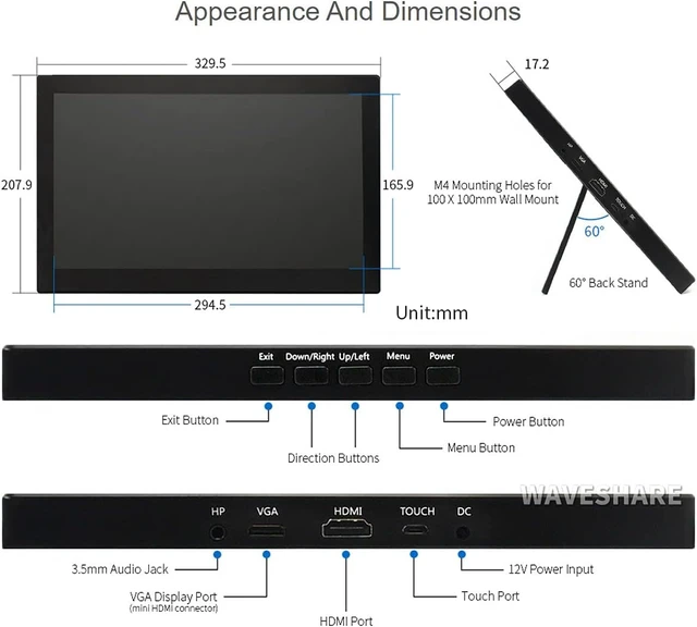 Alt view image 7 of 7 - waveshare 13.3inch Capacitive Touch Screen LCD V2 with Case Compatible with Raspberry Pi 4B/3B+/3A+/2B/B+/A+/Zero/Zero W/WH/Zero 2W CM3+/4 1920×1080 Resolution HDMI IPS Supports Jetson Nano/Windows