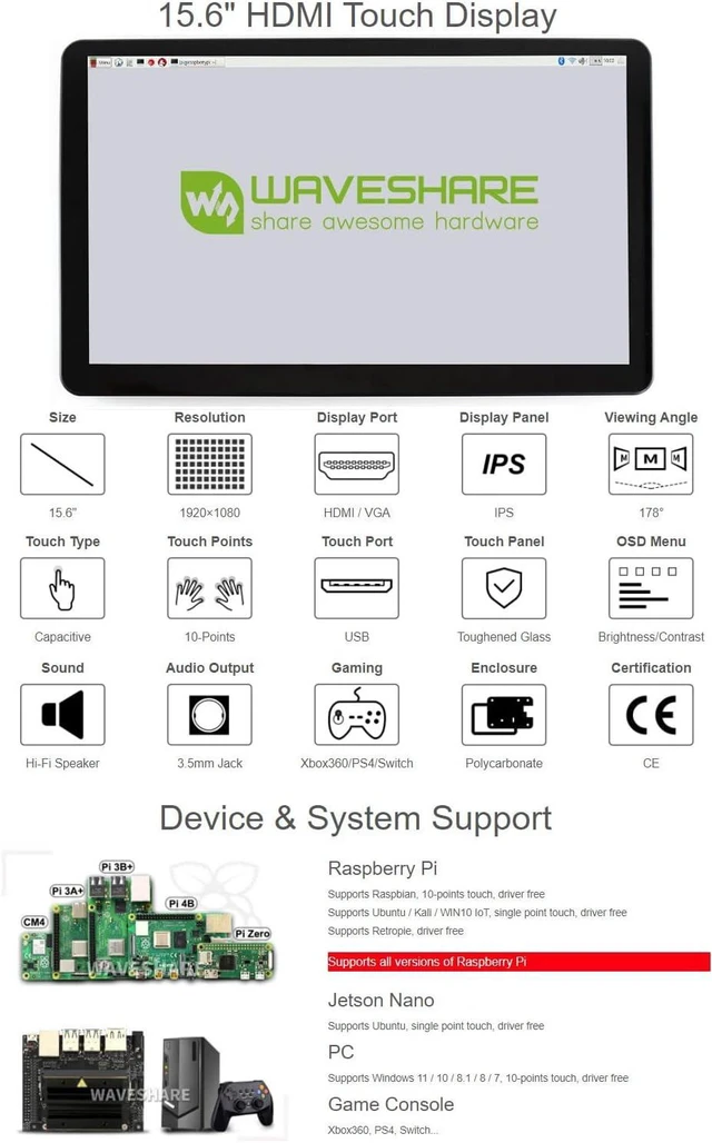 Alt view image 3 of 7 - Waveshare 15.6 inch HDMI LCD (H) (with case) IPS Display 1920x1080 Resolution Capacitive Screen with Toughened Glass Touch Panel Supports Raspberry Pi/Jetson Nano/PC/Game Consoles