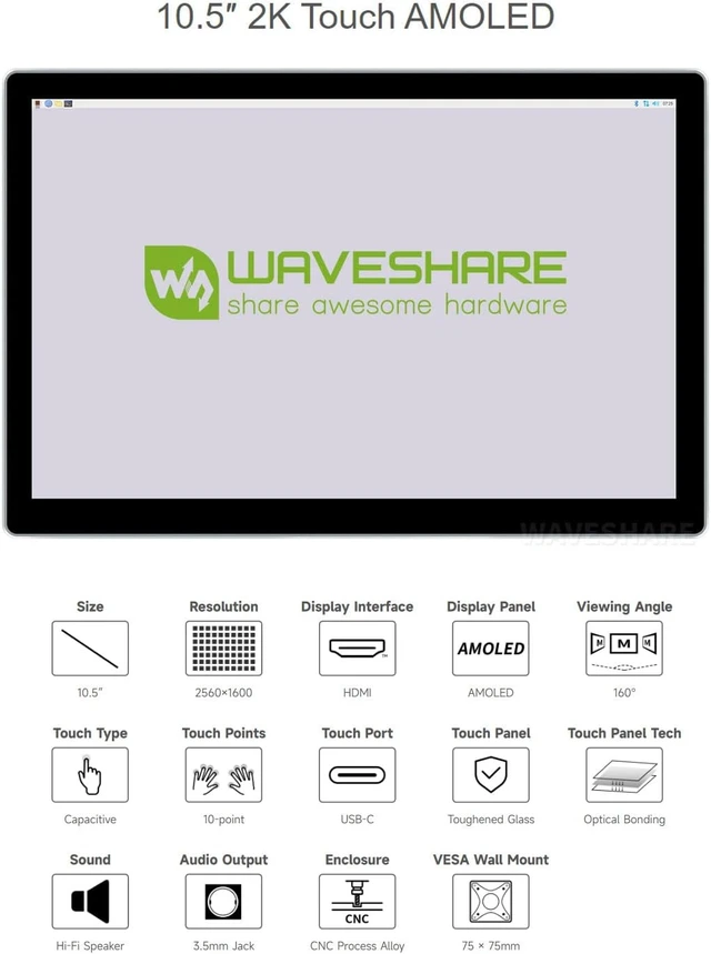 Alt view image 3 of 7 - Waveshare 10.5inch Capacitive Touch AMOLED Compatible with Raspberry Pi 4B/3B+/3A+/2B/B+/A+/Zero/Zero W/WH/Zero 2W CM3+/4 HDMI Port 2560×1600 2K Resolution Supports Jetson Nano/Windows