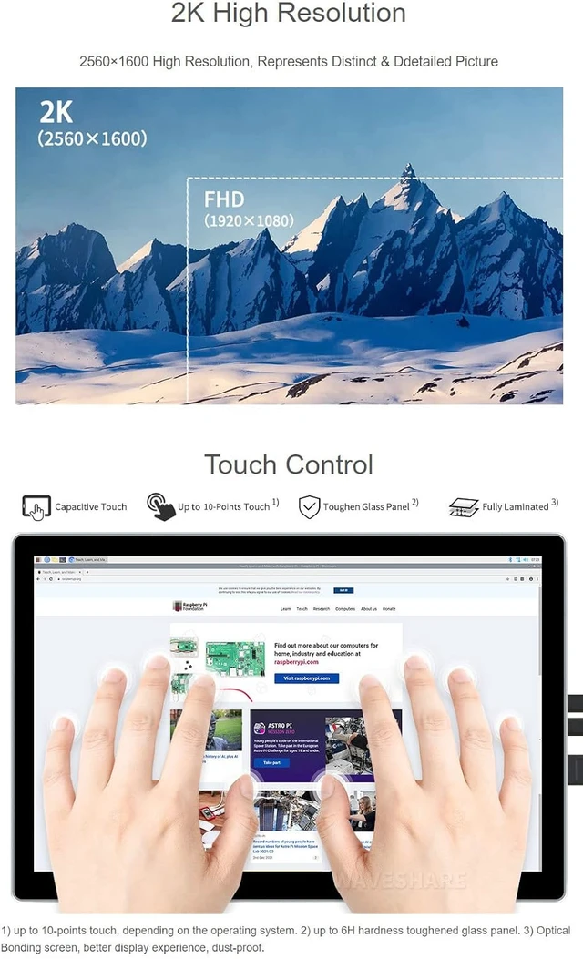 Alt view image 6 of 7 - Waveshare 10.5inch Capacitive Touch AMOLED Compatible with Raspberry Pi 4B/3B+/3A+/2B/B+/A+/Zero/Zero W/WH/Zero 2W CM3+/4 HDMI Port 2560×1600 2K Resolution Supports Jetson Nano/Windows