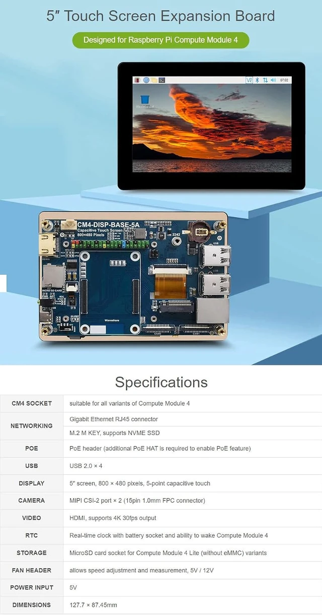 Alt view image 3 of 7 - Waveshare 5 Touch Screen Expansion for Raspberry Pi Compute Module 4 800×480 Pixels Display Supports 4K (3840 * 2160) 30fps Output via HDMI Port