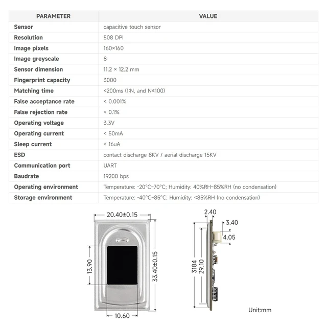 Alt view image 4 of 5 - Waveshare Rectangle-Shaped All-in-One Capacitive Fingerprint Sensor (E) Based on High Performance Cortex Processor UART Communication Port