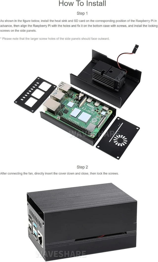 Alt view image 6 of 7 - Waveshare Stripe Aluminum Cooling Case for Raspberry Pi 4 Built-in Active Radiator with Fins