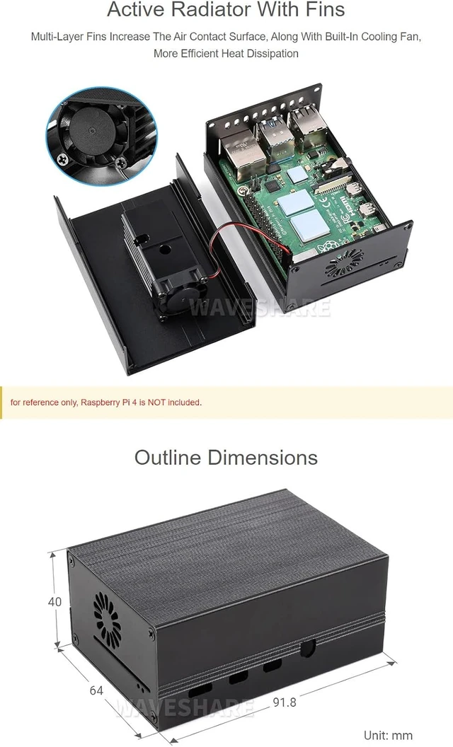 Alt view image 5 of 7 - Waveshare Stripe Aluminum Cooling Case for Raspberry Pi 4 Built-in Active Radiator with Fins