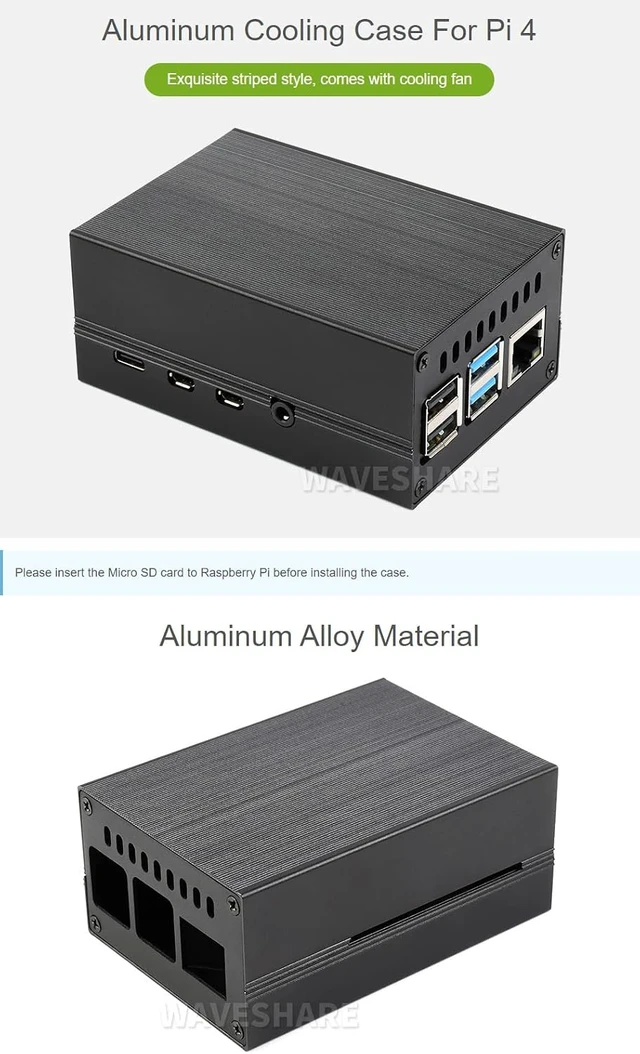 Alt view image 4 of 7 - Waveshare Stripe Aluminum Cooling Case for Raspberry Pi 4 Built-in Active Radiator with Fins