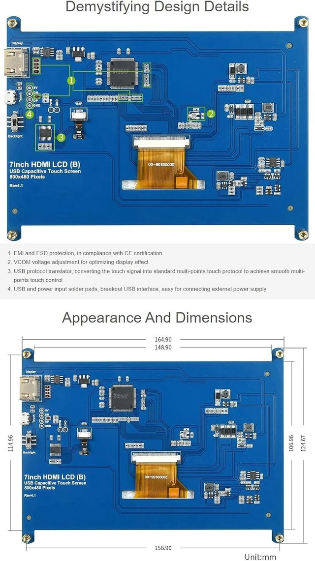 Alt view image 5 of 6 - Waveshare 7inch HDMI LCD B for Various Systems Raspberry Pi/Raspberry Pi 3 Model B+ 800x480 Rev3.1 Capacitive Touch Screen LCD Display HDMI Interface.