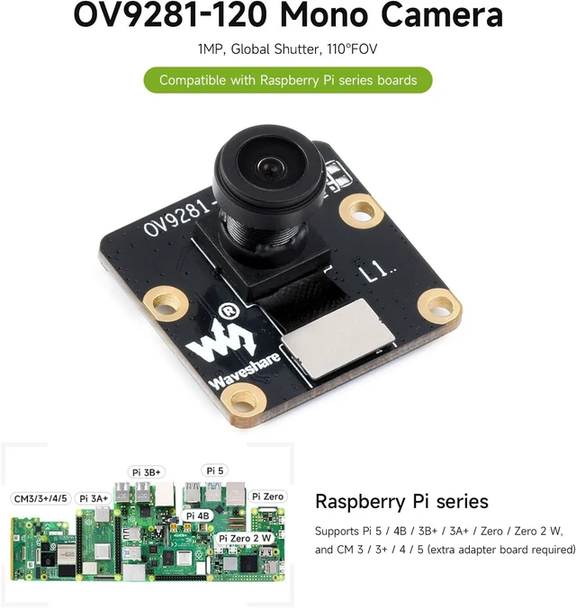 Alt view image 3 of 5 - Waveshare OV9281-120 Mono Camera Compatible with Raspberry Pi Series Boards Including 4B/3B+/3A+/3B/2B/B+/A+ Extra FPC Cable is Required for Zero/Zero 2 W Series Global Shutter 1MP
