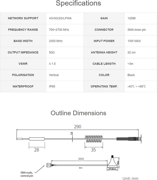 Alt view image 3 of 4 - Waveshare 4G High Gain SMA Antenna for Outdoor Condition Supports 4G/3G/2G/LPWA Waterproof and Magnetic Base