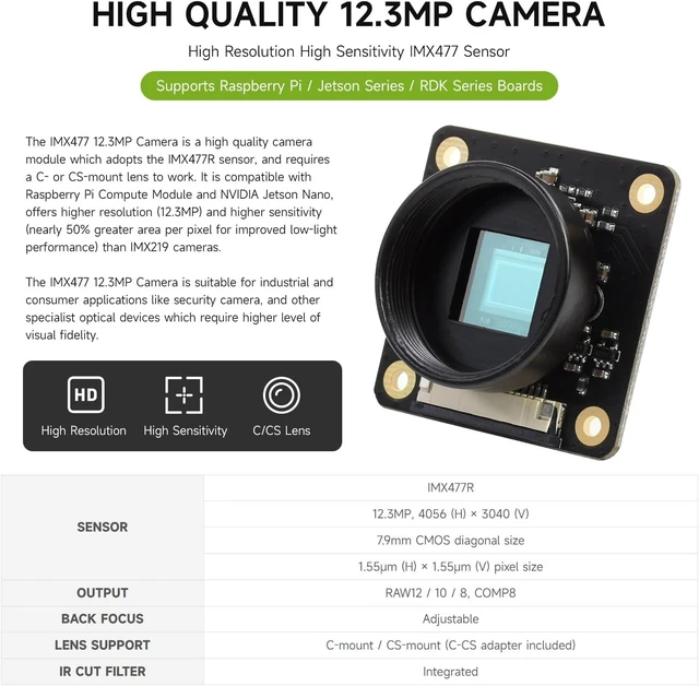 Alt view image 3 of 6 - waveshare HQ Camera for Raspberry Pi Compute Module/Jetson Nano with 12.3MP IMX477 Sensor High Sensitivity Supports C- and CS-Mount Lenses