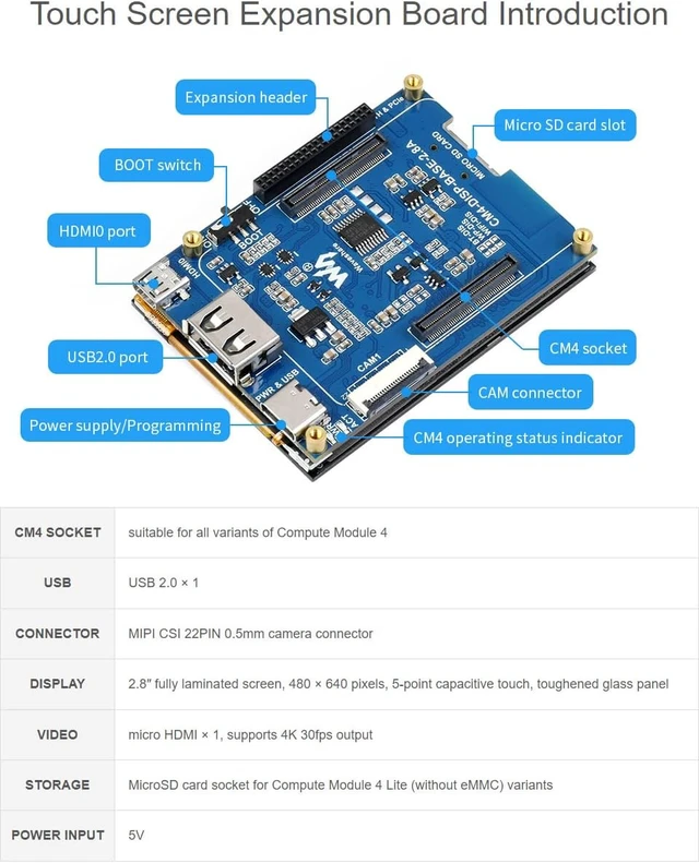 Alt view image 5 of 7 - Waveshare 2.8 Touch Screen Expansion for Raspberry Pi Compute Module 4 480 × 640 Pixels with Optical Bonding Display Giga-bit Ethernet USB2.0 Include Interface Expander