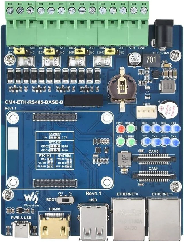 Main image of Waveshare Dual ETH Quad RS485 Base Board (B) for Raspberry Pi Compute Module 4 Giga-bit Ethernet 4CH Isolated RS485 USB2.0