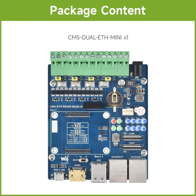 Alt view image 2 of 7 - Waveshare Dual ETH Quad RS485 Base Board (B) for Raspberry Pi Compute Module 4 Giga-bit Ethernet 4CH Isolated RS485 USB2.0