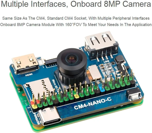Alt view image 4 of 7 - Waveshare Nano Base Board for Compute Module 4 Lite/eMMC, 8MP IMX219-D160 Camera, 40PIN GPIO, USB2.0, DSI, Mini HDMI
