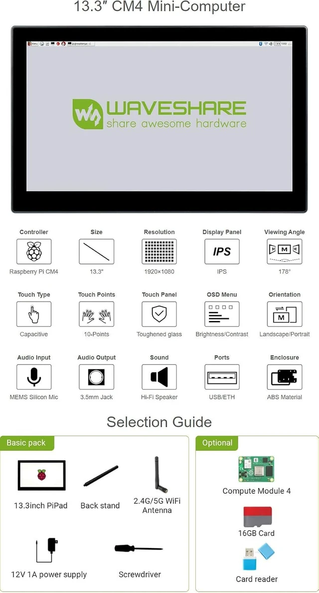 Alt view image 3 of 7 - waveshare Mini-Computer Powered by Compatible with Raspberry Pi CM4 13.3inch HD Touch Screen with USB/ETH Ports with Powerful Raspberry Pi CM4 (CM4104000) Inside