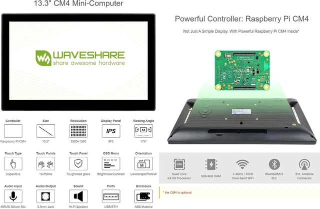 Alt view image 3 of 7 - waveshare 13.3inch PiPad Mini-Computer Powered by Raspberry Pi CM4 13.3inch HD Touch Screen with USB/ETH Ports NOT Include CM4