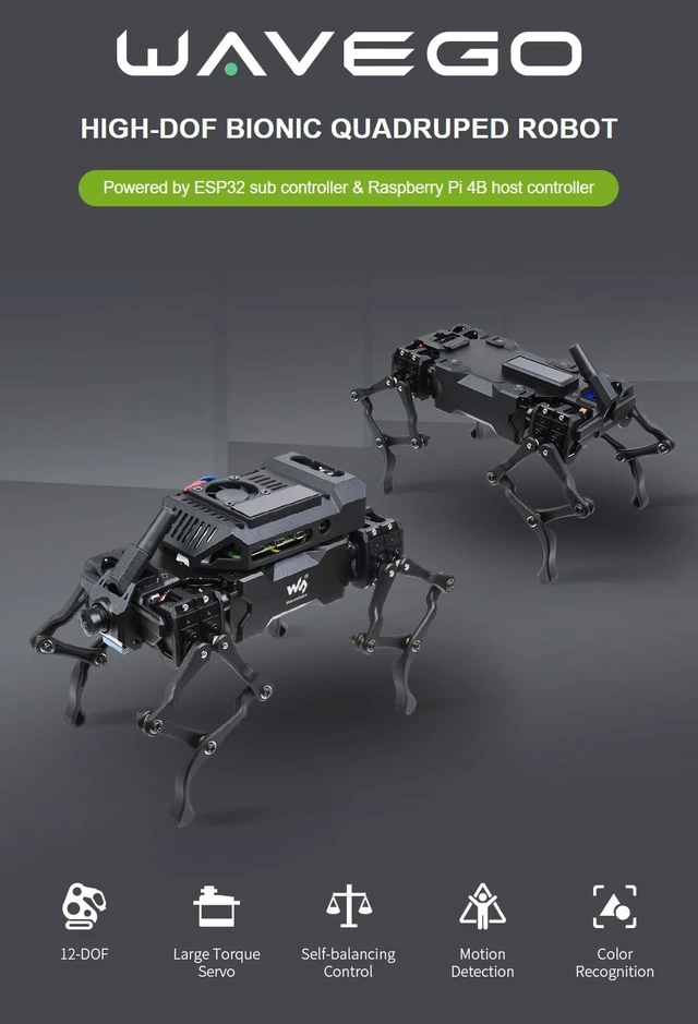 Alt view image 3 of 7 - Waveshare WAVEGO 12-DOF Bionic Dog-Like Robot Open Source for ESP32 and PI4B Facial Recognition Color Tracking Motion Detection with Raspberry Pi Extension Holder (22 Items)