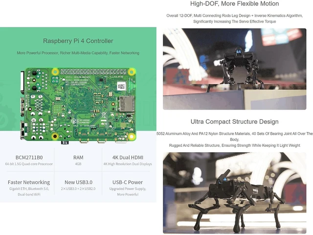 Alt view image 4 of 7 - Waveshare WAVEGO 12-DOF Bionic Dog-Like Robot Open Source for ESP32 and PI4B Facial Recognition Color Tracking Motion Detection with Raspberry Pi Extension Holder (22 Items)