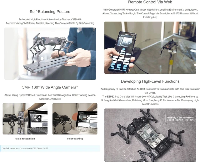 Alt view image 5 of 7 - Waveshare WAVEGO 12-DOF Bionic Dog-Like Robot Open Source for ESP32 and PI4B Facial Recognition Color Tracking Motion Detection with Raspberry Pi Extension Holder (22 Items)