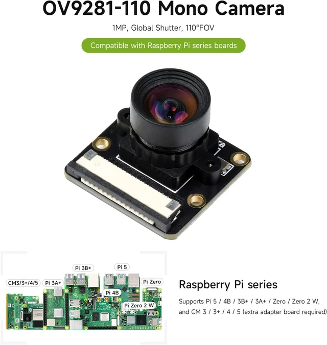 Alt view image 3 of 5 - waveshare OV9281-110 Mono Camera Compatible with Raspberry Pi Supports 4B /3B+ /3A+ /Zero/Zero 2 W and CM3/3+/4 Global Shutter 1MP